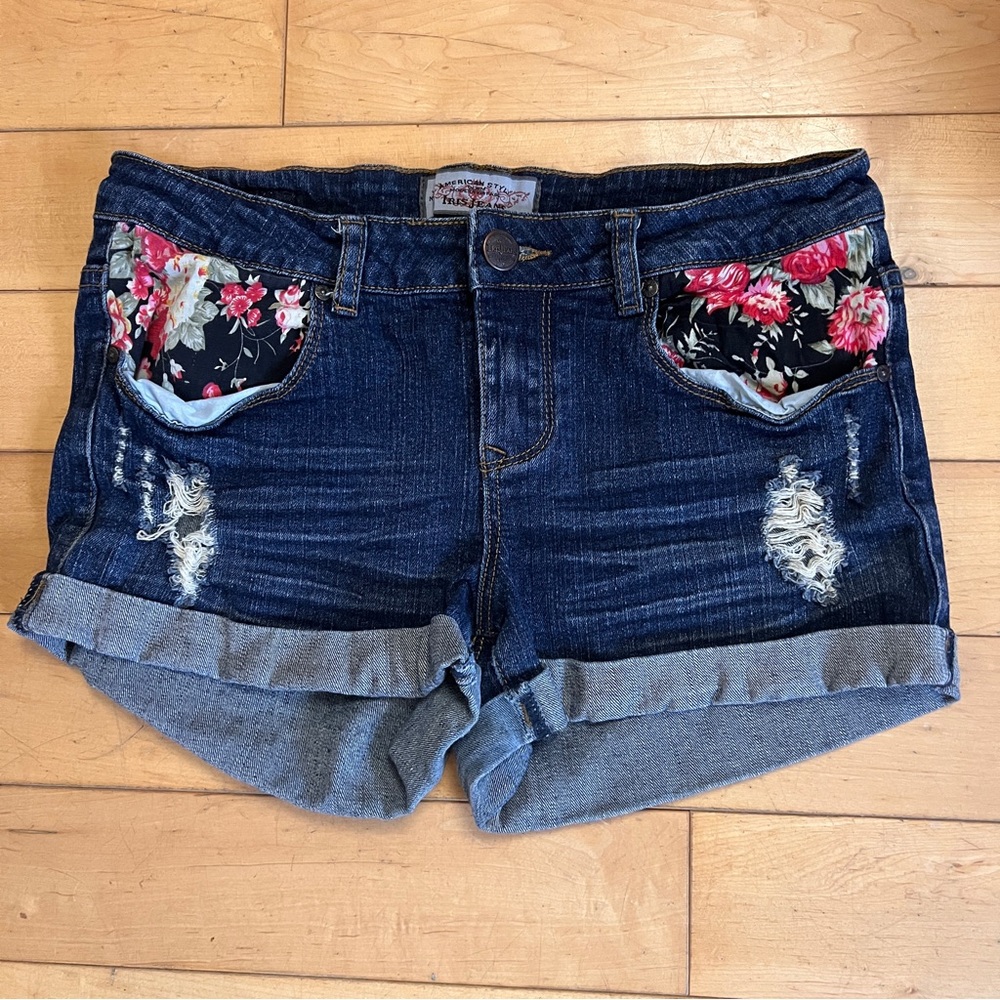 American Style Iris Girls Jean Shorts Modern Vintage Distressed Floral Large